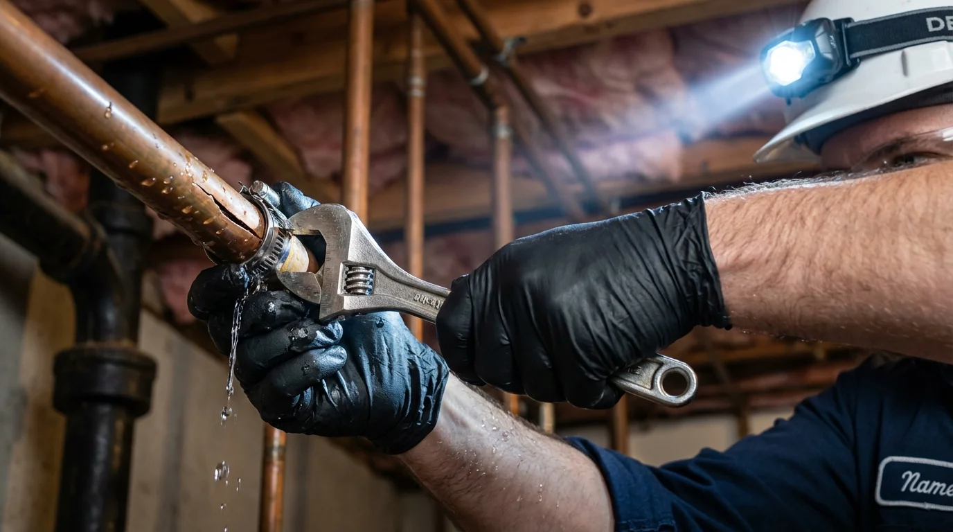 Emergency pipe clamp repair being performed by a Johns Plumbing LLC plumber in Darien
