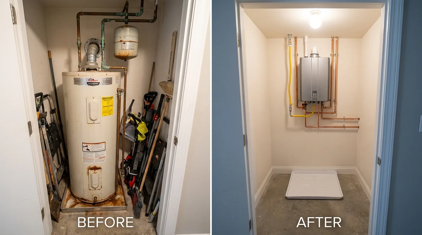 Tank water heater versus wall-mounted tankless unit comparison for Darien, WI homeowners