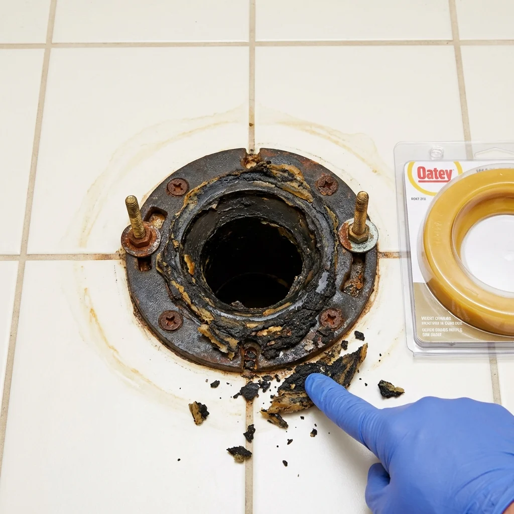 Failed wax ring showing water seepage at the base of a toilet in a Darien, WI home