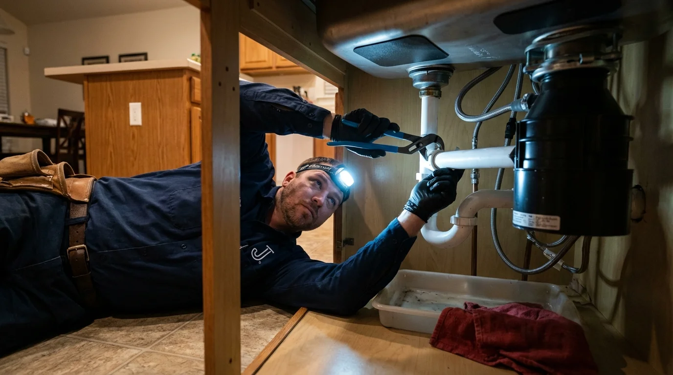 P-trap and supply line connections under a kitchen sink showing a common leak point in Darien, WI